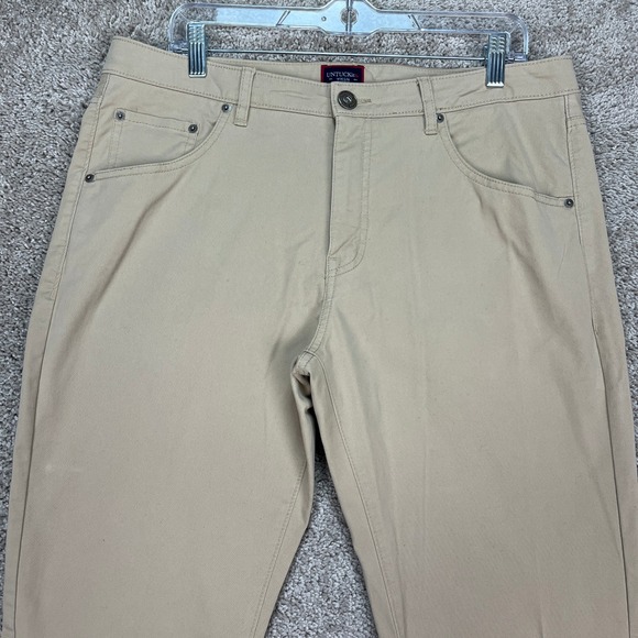UNTUCKit Pants Mens 35x34 Khaki Tan Straight Fit 5 Pocket Flat Front Twill EUC - Picture 2 of 10
